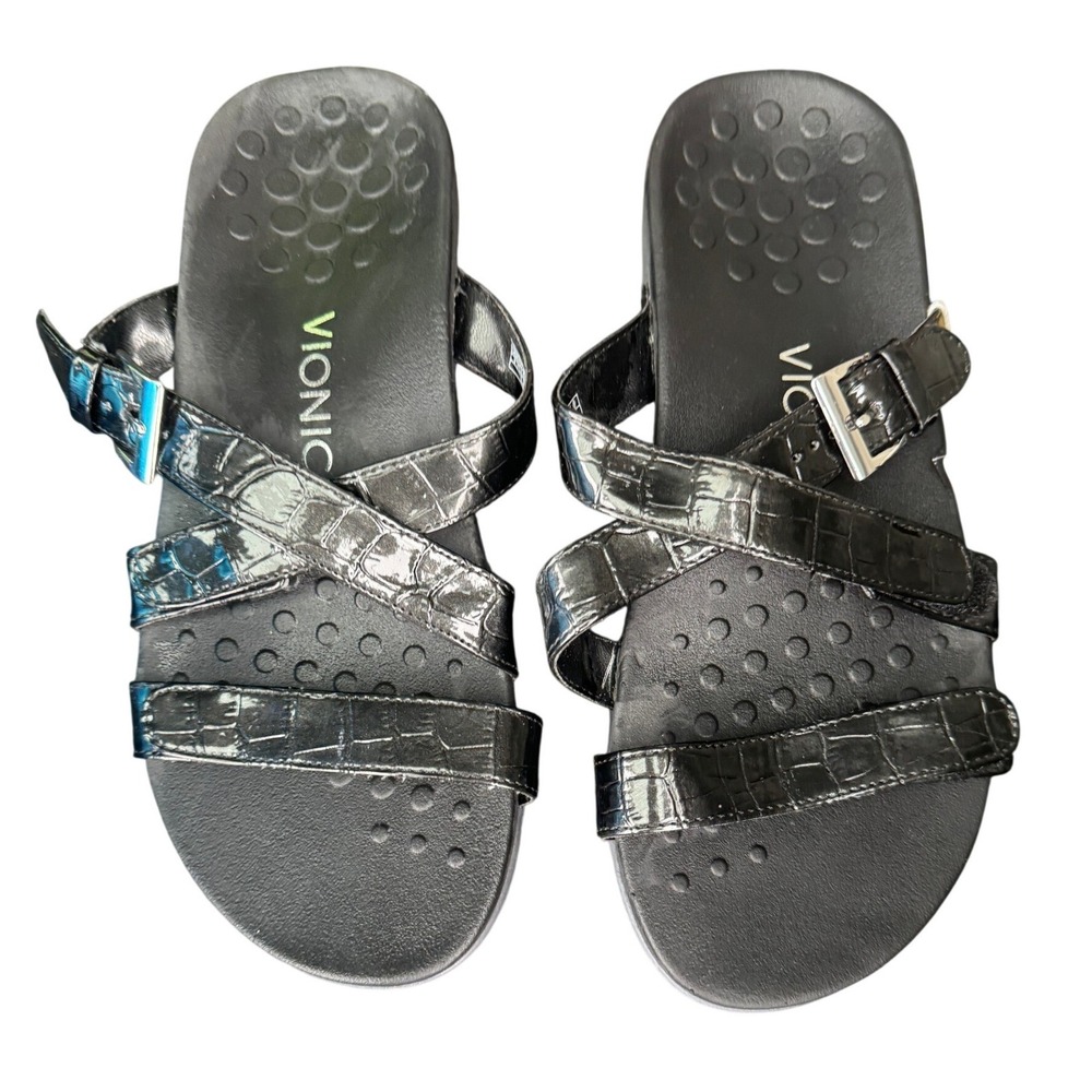 Vionic‎ Kira Black Croc Patent Leather Orthopedic Sandals 341KIRAJYW4350 Size 8W